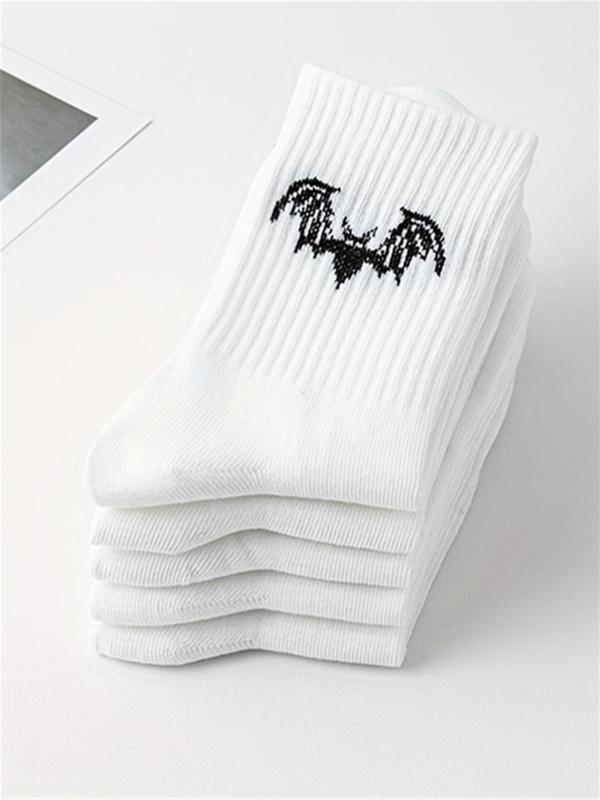 Women's 5 Pairs Bat Print Crew Socks, Fashion Casual Comfy Socks for Daily Outdoor Wear, Women Socks for All Seasons