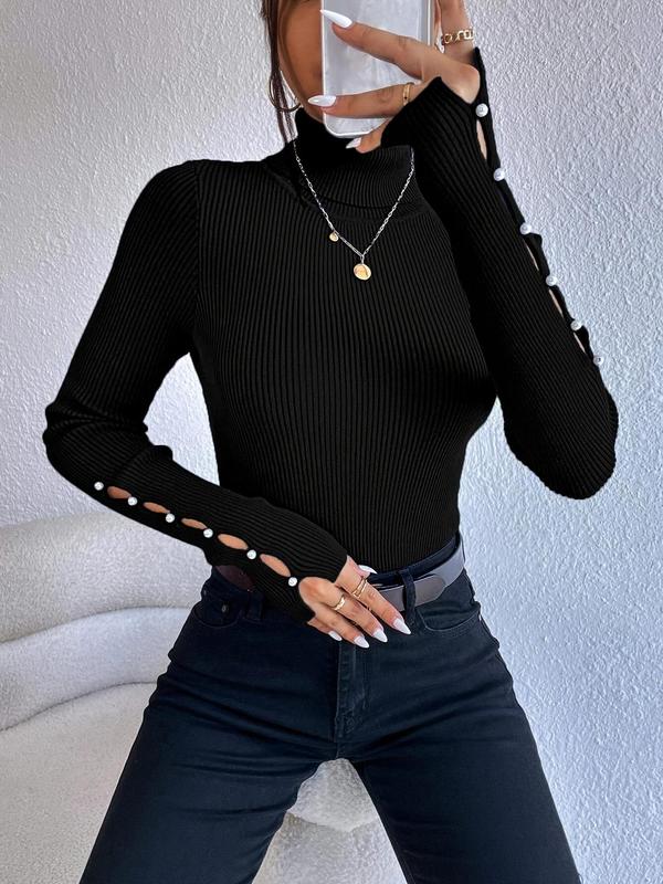 Women's Fashion Plain Button Hollow Out Long Sleeve High Neck Sweater, Basic Casual Turtleneck Jumper for Fall & Winter