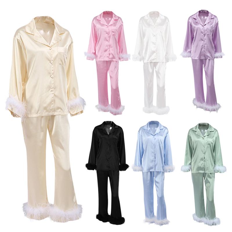 Women Sleepwear Feather Trim Button Down Lapel Long Sleeve Shirts and Pants Sets Ladies Pajamas Sets Elegant Chic Loungewear