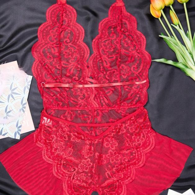 Women Lace Teddy Lingerie With Open Crotch And Sheer Mesh