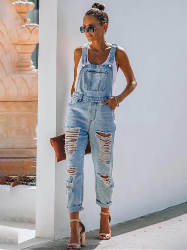  Solid Color Ripped Pocket Denim Overalls, Casual Fashionable Adjustable Strape Overalls Jumpsuit for Daily Wear, Women's Clothing for Summer