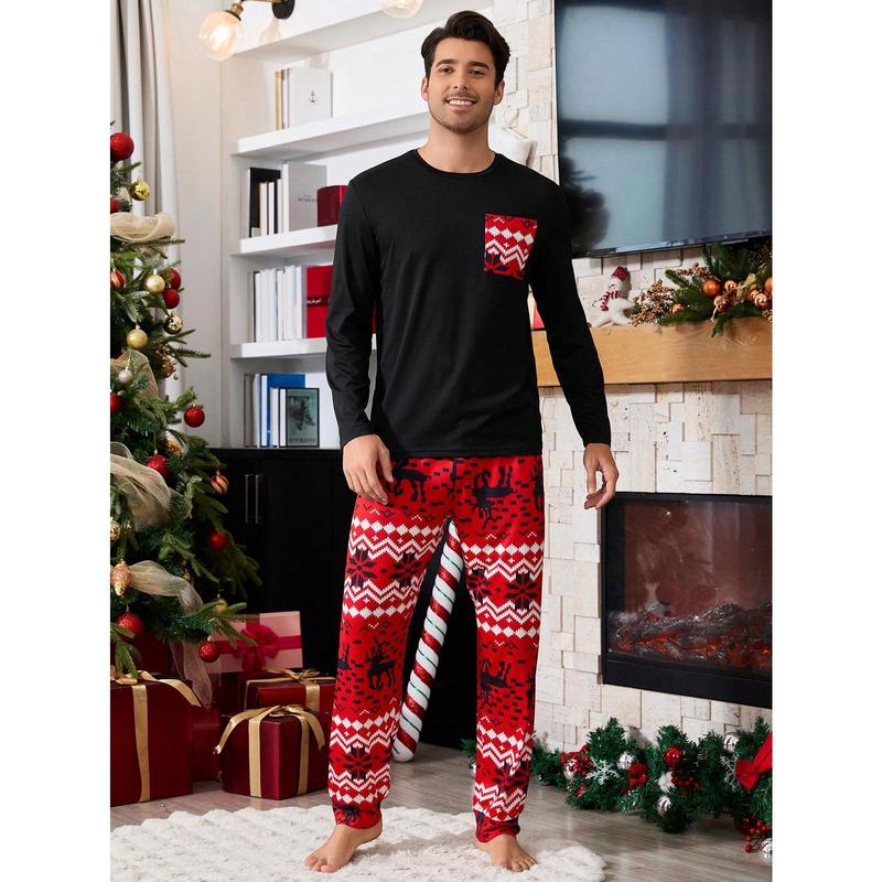 Shein CoupledUp Contrast Color Pocket Christmas Print Men Pajama Set Couple happy christmas matching christmas pajamas Wife family christmas pajamas Christmas Wife Fabric Long Sleeve Fabric Long Sleeve