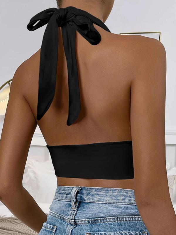 Women's Backless Tie Back Top, Casual Ruched Halter Neck Top, Summer Clothes Women, Ladies Clothes for Daily Wear