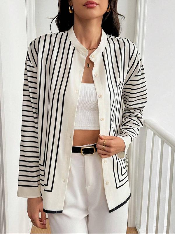 Women's Striped Print Button Front Blouse, Casual Drop Shoulder Long Sleeve Top for Spring & Fall, Women's Clothing for Daily Wear