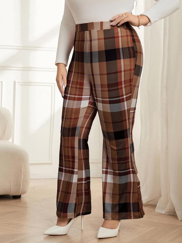 CURVZY Plus Size Plaid Print Flare Leg Pants, Casual Comfy Bell Bottom Trousers for Daily Wear, Women's Bottoms for Spring & Fall