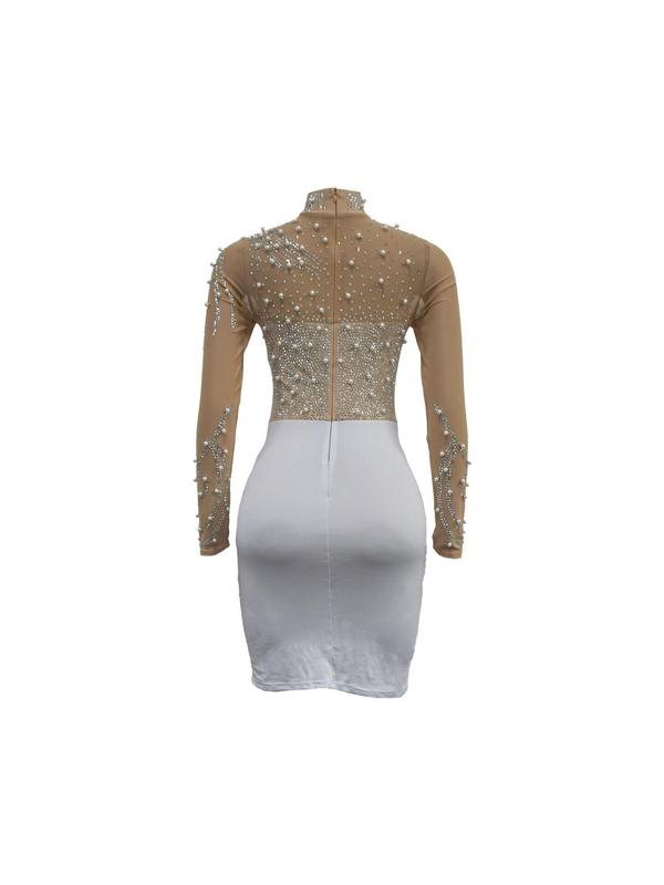 Women's Rhinestone & Faux Pearl Decor Contrast Mesh Bodycon Dress, Elegant Long Sleeve Mock Neck Short Dress for Party Club Dating Wear, Dresses for Women, Ladies Clothes for All Seasons Casual