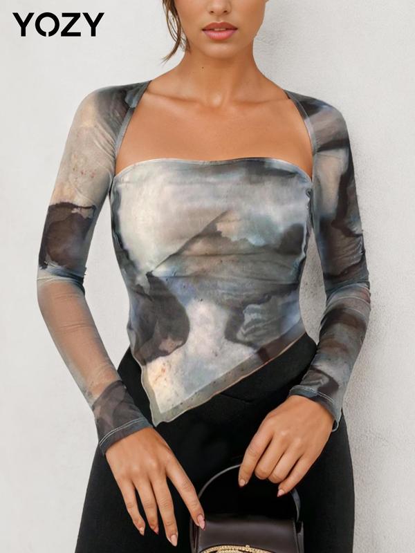 Black Friday Deals YOZY [3 colors] All Over Print Crop Tube Top & Sheer Raglan Sleeve Open Front Outerwear Set, Fashion Cozy Asymmetrical Hem Tube Top & Long Sleeve Outwear Set, Christmas 2024 Trend,Thanksgiving Clothing,Fall Clothing,Winter Clothing