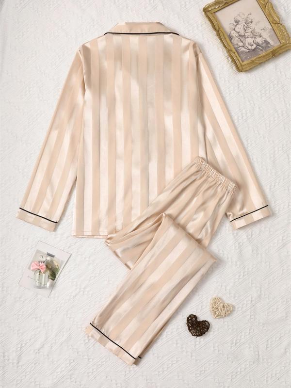 Two-Piece Set Women's Striped Print Button Front Pocket Shirt & Elastic Waist Pants Satin Pyjama, Long Sleeve Lapel Top & Trousers PJ Set, Women's Sleepwear for All Seasons