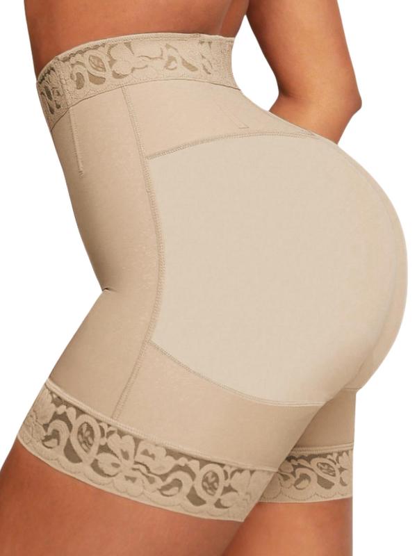 Women's High Waist Contrast Lace Hook & Eye Front Shapewear Shorts, Tummy Control Butt Lifting Shaper, High Stretch Shapewear Bottoms for Daily Wear