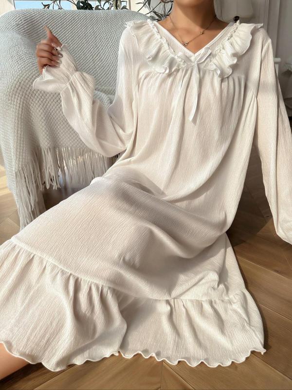 Women's Textured Bow Front Ruffle Trim Nightdress, Solid V Neck Flounce Sleeve Nightgown for Daily Wear, Soft Comfortable Sleepwear for Women