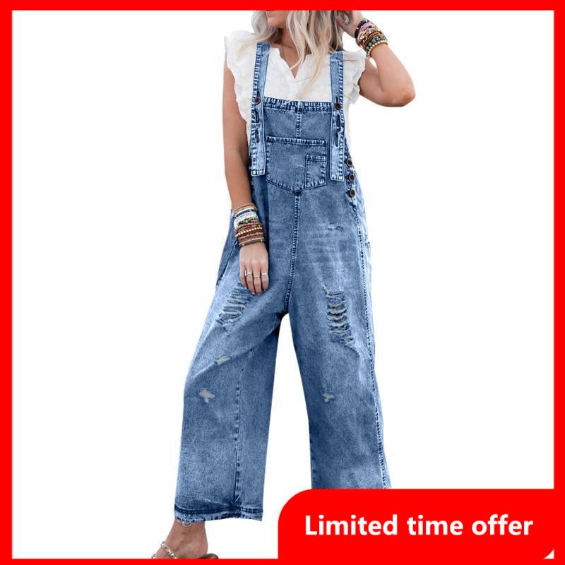 Women's Denim Overalls Casual Jumpsuits Loose Fit Adjustable Strap Distressed Bib Jeans Overall Jumpsuits Cotton Womenswear Baggy Comfortable Crop Style Vintage Y2K Buckle Button Clothing Basic  Minimalist Strappy Sleeveless