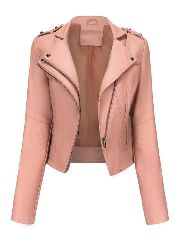 Women's Solid Color Zipper Pocket Faux Leather Jacket, Casual Long Sleeve Lapel Outerwear for Spring & Fall, Ladies Clothes for Daily Wear