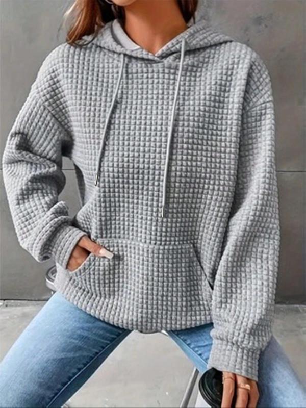  Solid Waffle Knit Drop Shoulder Drawstring Hoodie, Casual Long Sleeve Pocket Hooded Sweatshirt for Fall & Winter, Gift Set for Women, Women's Clothing for Daily Wear