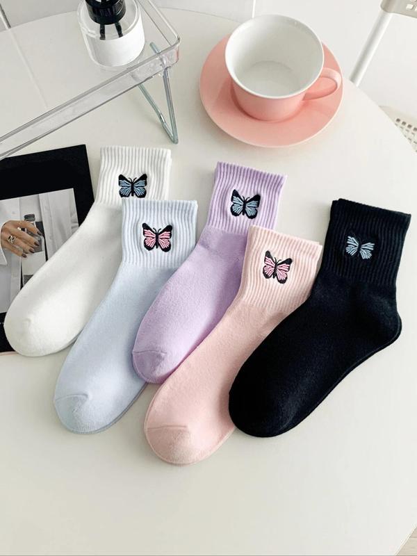 5 Pairs Butterfly Embroidery Crew Socks, Casual Cute Fashion Comfort Socks for Lady, Comfortable Multipack Mid Calf Socks for Daily Wear, Womenswear, Summer Wear 2024