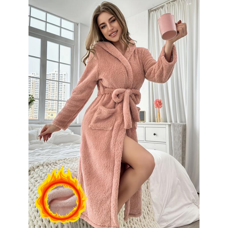 Cozy Fuzzy Hooded Bathrobe - Soft, Warm, and Plush Long Sleeve Lounge Robe with Deep Pockets and Adjustable Belt for Ultimate Comfort, Women's Sleepwear for Relaxation and Leisure