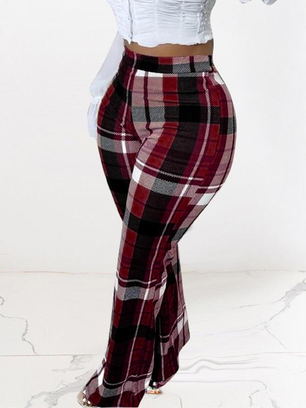 Women's Plaid Print Elastic Waist Flare Leg Pants, Casual Comfy Trousers for Fall & Winter, Comfy Pants, Women's Bottoms for Daily Wear, Downtown Girl Clothes