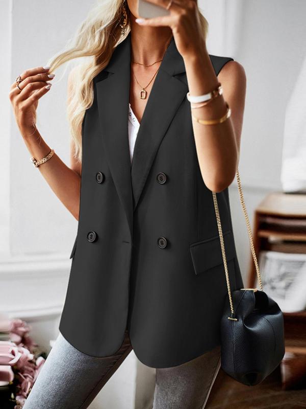 Women's Solid Double Button Lapel Vest Blazer, Casual Sleeveless Suit Vest for Work Office Business, Ladies Clothes for All Seasons