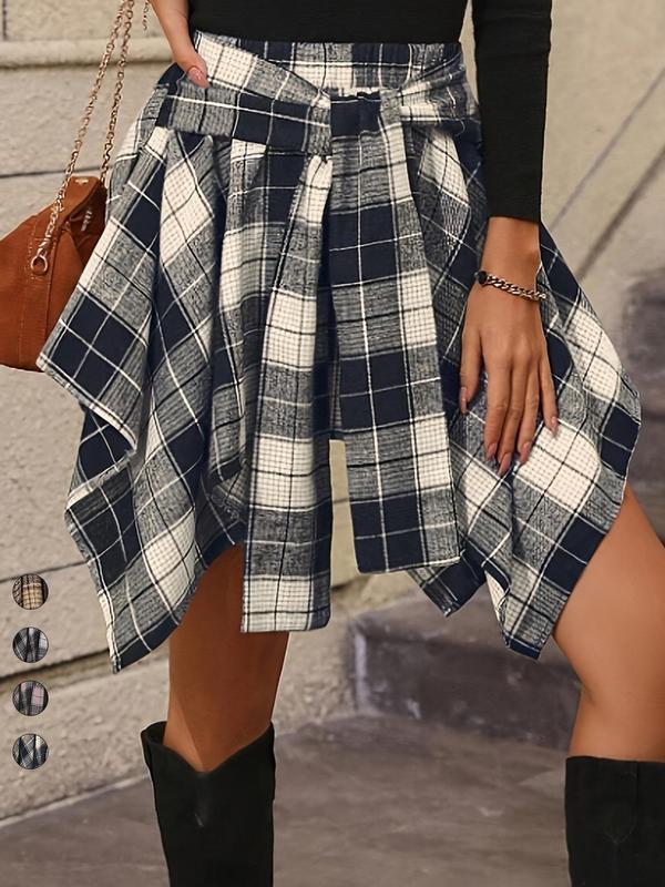 Women's Plaid Print Belted Asymmetrical Hem Flared Skirt, Casual High Waist Short Skirt for Daily Wear, Ladies Bottoms for All Seasons