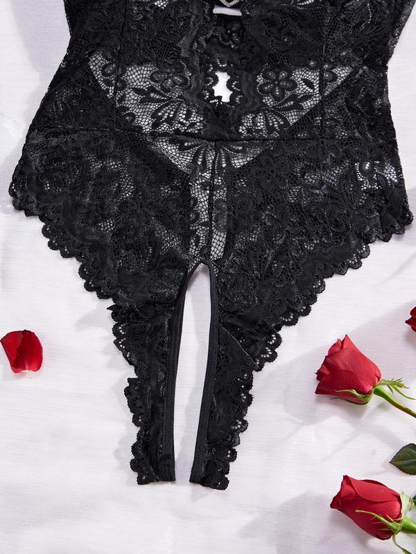 Women's Heart Decor Contrast Lace Sexy Lingerie Bodysuit, Sexy Hollow Out Flower Decor Crotchless Cami Lingerie Bodysuit, Women's Lingerie for All Seasons