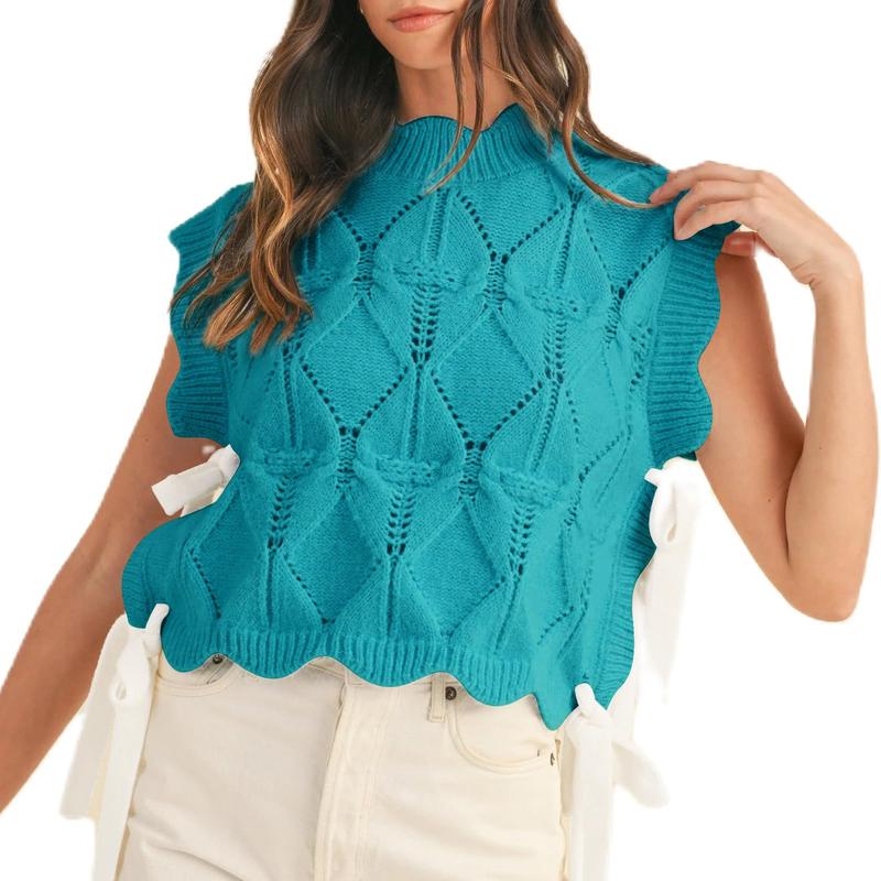 Women Y2k Bow Knot Cap Sleeve Knit Sweater Top Lace up Ribbon Crochet Sweater Vest Preppy Girl Mock Neck Knitted Tank Tops