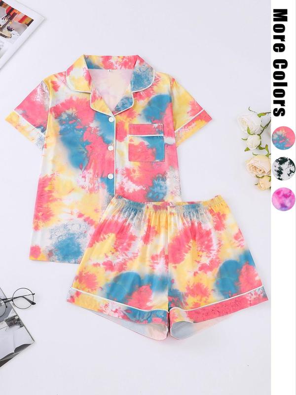 Women's Tie Dye Print Lapel Shirt & Elastic Waist Shorts Pyjama Set, Casual Button Front Short Sleeve Top & Shorts, Ladies Summer Sleepwear