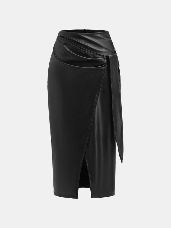 YOZY Women's Solid Ruched Wrap Tie Side PU Leather Skirt, Fashionable Split Hem Bodycon Skirt for Daily Outdoor Wear, Ladies Bottoms for All Seasons