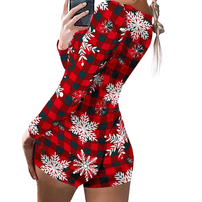 Women Christmas V-Neck Shorts Jumpsuit  Bodysuit Pajama Long Sleeve Bodycon Rompers Overall Xmas Playsuits Party Clubwear Women's Christmas