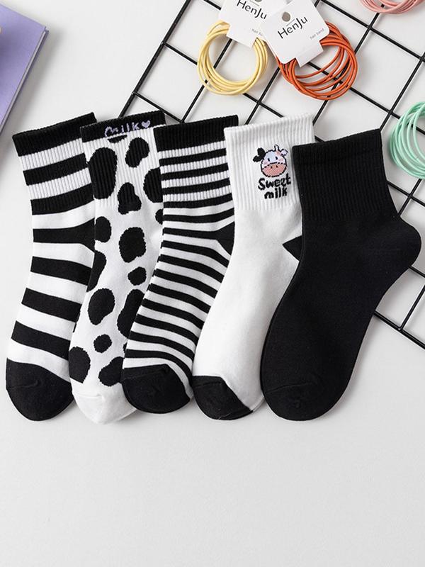 Women's 5 Pairs Cartoon & Striped Print Crew Socks, Cute Casual Moisture Wicking Socks, Soft Comfy Breathable Socks For All Seasons Daily Wear