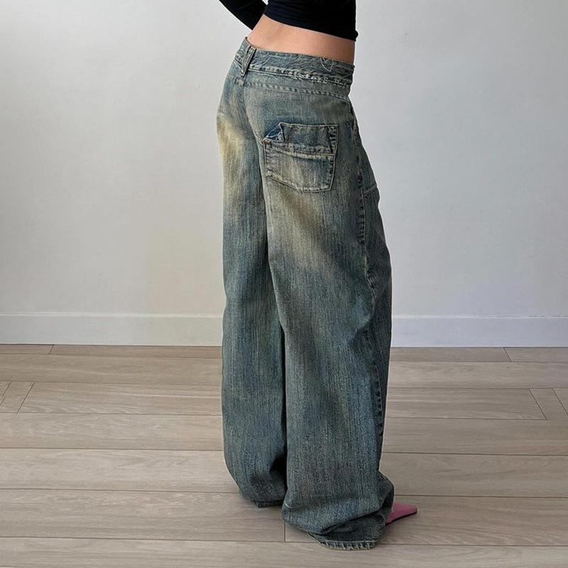 Women Vintage Denim Washed Jeans Pockets Low-Rise Baggy Full Length Pull-On Trousers, Ladies Clothes for Daily Wear Cotton Womenswear