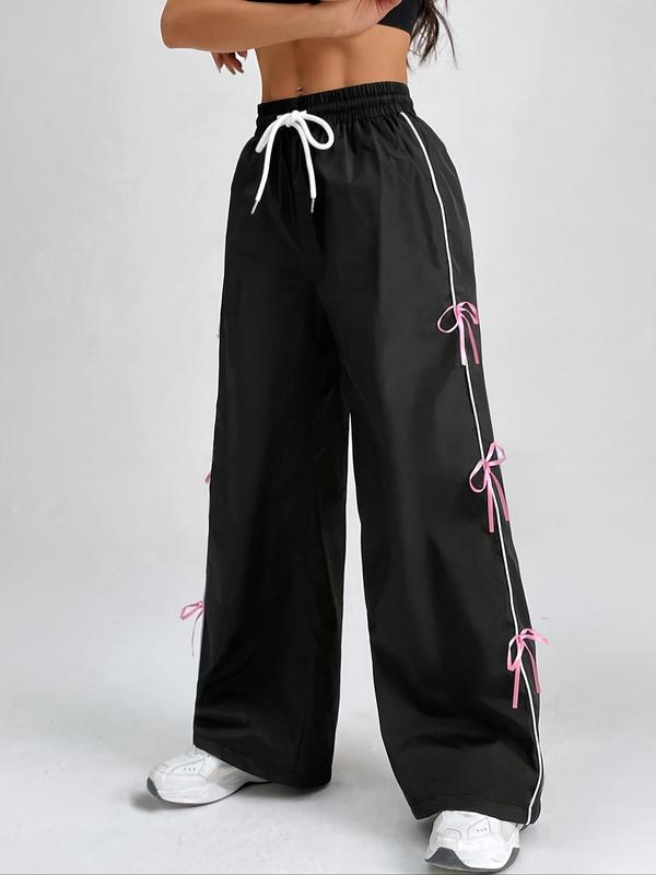 Women's Bow Side Stripe Drawstring Waist Straight Leg Pants, Casual Elastic Waist Pocket Trousers for Spring & Fall, Women's Bottoms for Daily Wear