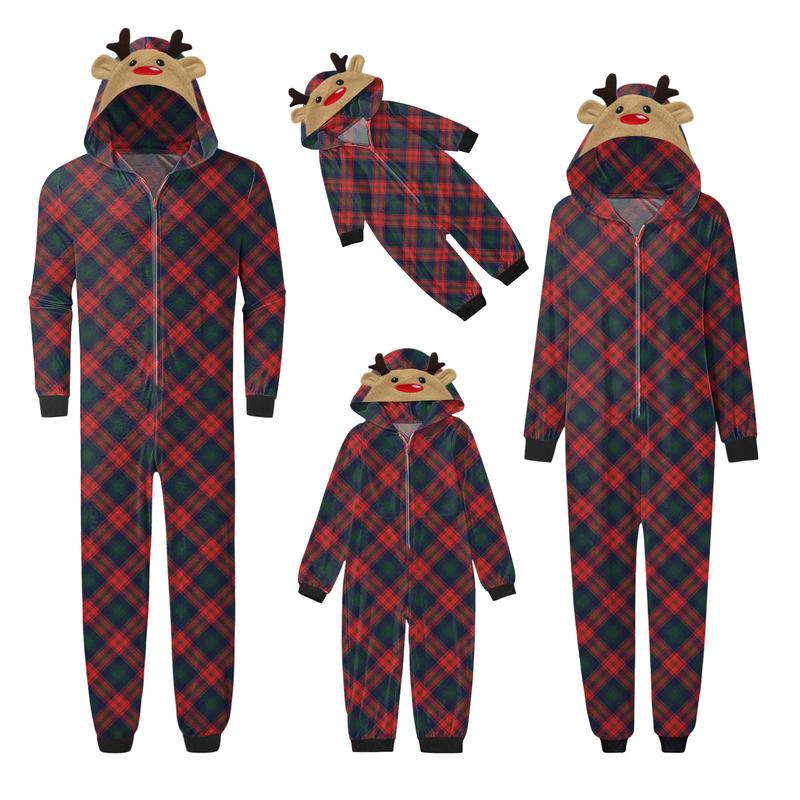 Matching Christmas Pajamas For Family, Long Sleeve Elk Christmas Tree Plaid Snowflake Print Hooded Jumpsuit Sleepwear