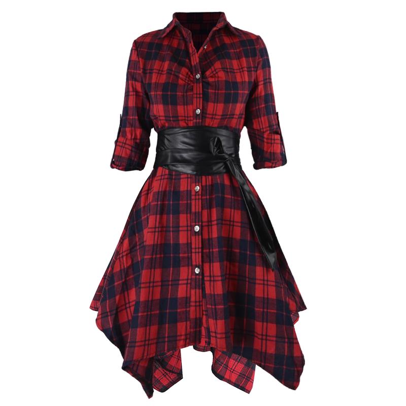 Retro Stage 1950S Red Plaid Sleeve Shirt Dress with Asymmetrical Hem and Leather Belt Perfect for Commuting Casual Outings and Dates Designed to Accentuate Waistline with a Retro Look Ideal for Making a Fashion Statement in Social or Professional Setting