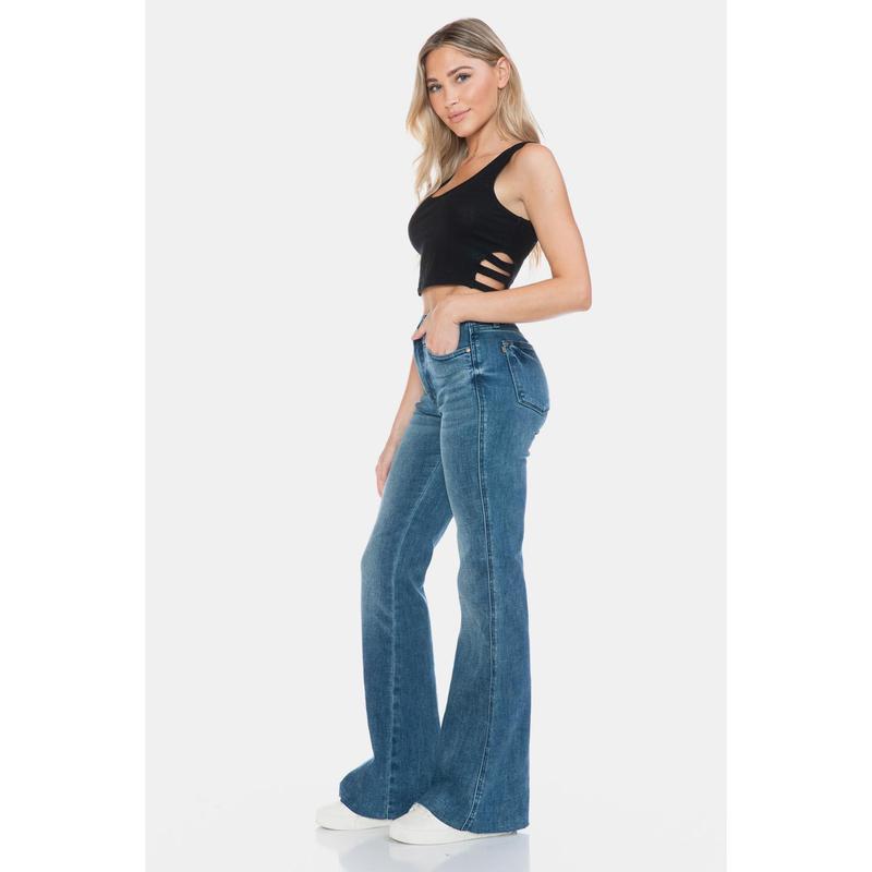 Judy Blue Full Size Tummy Control Cut Hem Flare Jeans Womenswear Bottom Comfortable Twist Underwear Vintage judy blue