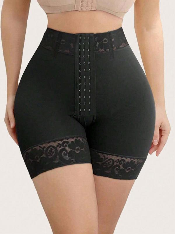 Women's High Waist Contrast Lace Hook & Eye Front Shapewear Shorts, Tummy Control Butt Lifting Shaper, High Stretch Shapewear Bottoms for Daily Wear