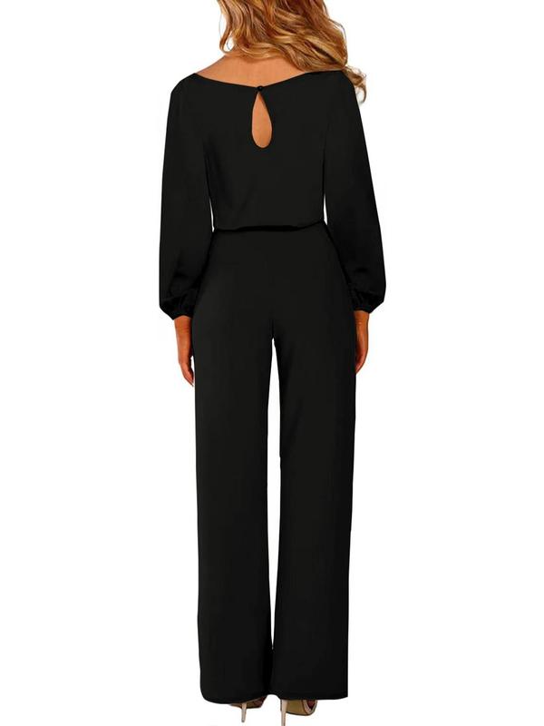 Women's Solid Color Belted Keyhole Neckline Jumpsuit, Elegant Bishop Sleeve Jumpsuit for Fall & Winter, Women's Clothes for Daily Wear