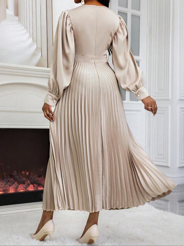 Women's Plain Ruched Pleated A Line Dress, Elegant Bishop Sleeve Round Neck Long Dress for Party Holiday Wedding Guest, Ladies Clothes for All Seasons