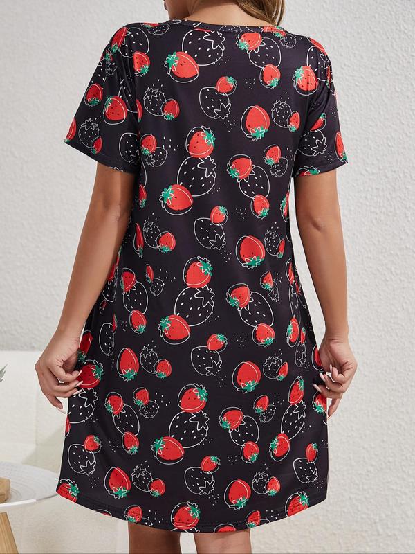 Women's Strawberry Print Round Neck Nightdress, Casual Soft Comfortable Short Sleeve Nightgown for Daily Home Wear, Ladies Sleepwear for All Seasons