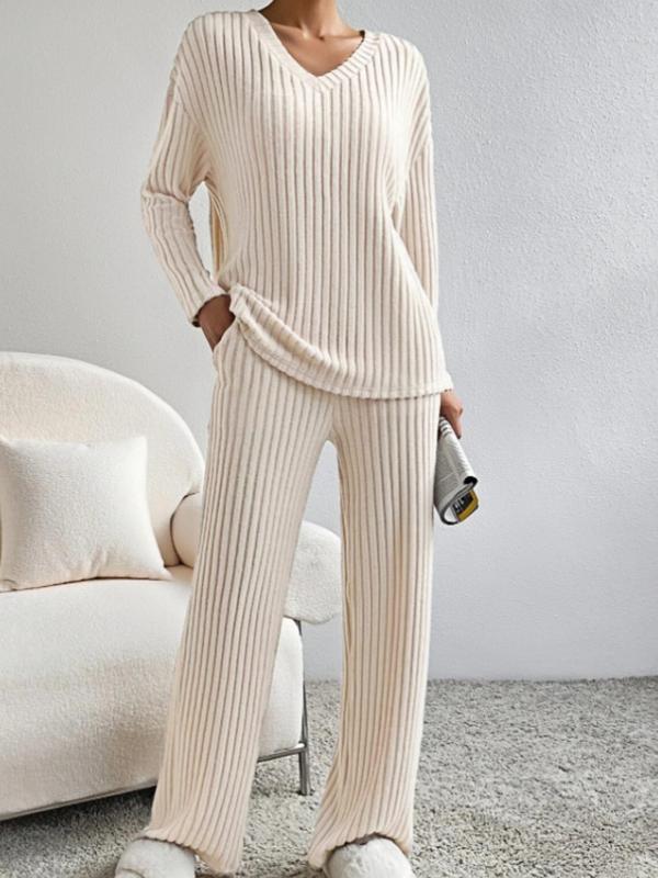 Women's Solid Ribbed Drop Shoulder Lounge Set, Casual Comfy Long Sleeve V Neck Top & Pocket Pants, Ladies Sleepwear for Fall & Winter