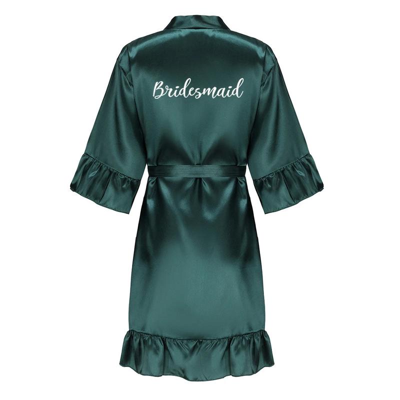 Green Bridesmaid Robes With Ruffle White Letters Satin