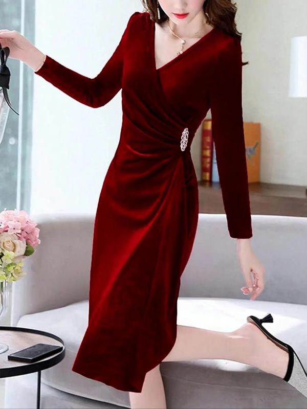 Women's Plain Ruched Wrap V Neck Velvet Dress, Elegant Long Sleeve Midi Dress for Party Holiday Wedding Guest, Ladies Clothes for All Seasons