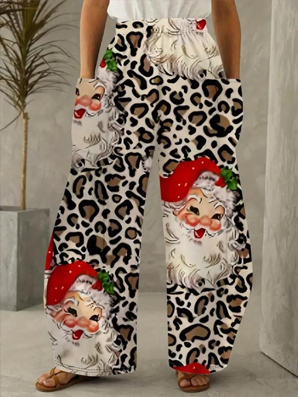  Christmas Print Pocket Elastic Waist Pants, Casual Comfy Wide Leg Trousers for Daily Holiday Vacation Wear, Pants for Women, Women's Bottoms for Fall & Winter