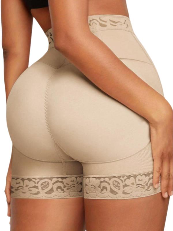 Women's High Waist Contrast Lace Hook & Eye Front Shapewear Shorts, Tummy Control Butt Lifting Shaper, High Stretch Shapewear Bottoms for Daily Wear