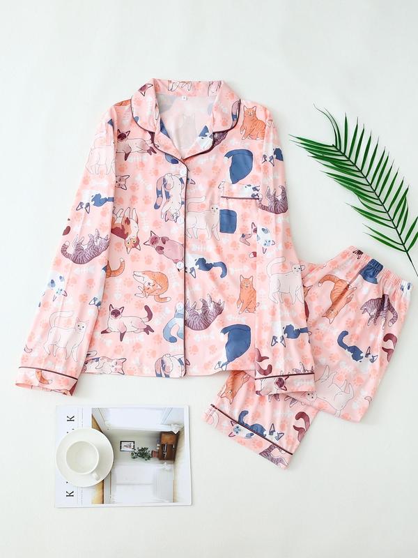 Women's All Over Cat Print Button Front Pocket Shirt & Elastic Waist Pants Pyjama Two-piece Set, Casual Comfy Long Sleeve Collared Top & Trousers PJ Set, Women's Sleepwear for Spring & Fall