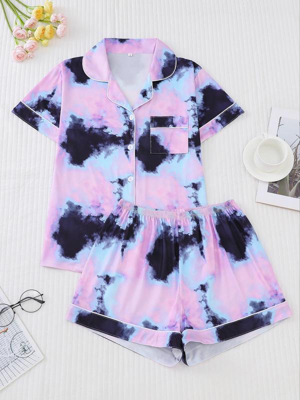 Women's Tie Dye Print Lapel Shirt & Elastic Waist Shorts Pyjama Set, Casual Button Front Short Sleeve Top & Shorts, Ladies Summer Sleepwear