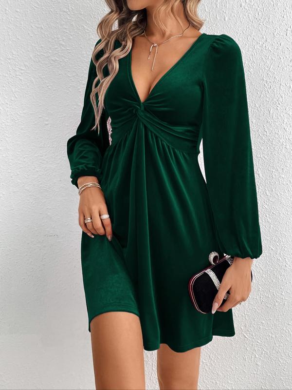 Women's Velvet Twist Front Bishop Sleeve Dress, Elegant Deep V Neck Long Sleeve A Line Short Dress for Party Holiday Wedding Guest, Ladies Fall & Winter Clothes