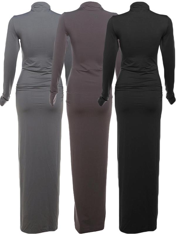 Women's Plain Ruched Mock Neck Bodycon Dress, Elegant Long Sleeve Maxi Dress for Party Dating Wear, Dresses for Women, Women's Clothing for Fall & Winter