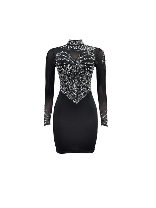 Women's Rhinestone & Faux Pearl Decor Contrast Mesh Bodycon Dress, Elegant Long Sleeve Mock Neck Short Dress for Party Club Dating Wear, Dresses for Women, Ladies Clothes for All Seasons Casual