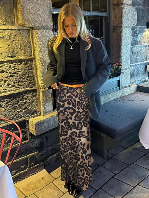 Women's All Over Leopard Print Mermaid Skirt, Fashion Casual High Waist Long Skirt for Daily Outdoor Wear, Women's Bottoms for Fall