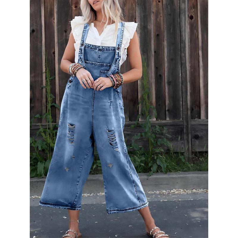 Women's Denim Overalls Casual Jumpsuits Loose Fit Adjustable Strap Distressed Bib Jeans Overall Jumpsuits Cotton Womenswear Baggy Comfortable Crop Style Vintage Y2K Buckle Button Clothing Basic  Minimalist Strappy Sleeveless