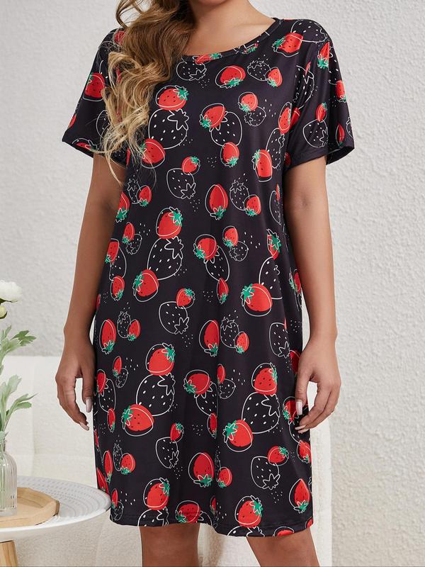 Women's Strawberry Print Round Neck Nightdress, Casual Soft Comfortable Short Sleeve Nightgown for Daily Home Wear, Ladies Sleepwear for All Seasons